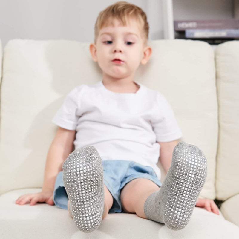 ZAPLES Baby Non Slip Grip Crew Socks with Anti Skid Soles for Infants Toddlers Kids Boys Girls, Gray, 4-7 Years - Image 2